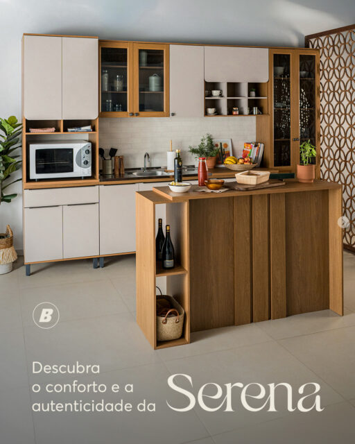 La línea Serena aporta suavidad y equilibrio a cada detalle. La combinación de madera con acabados sofisticados crea una cocina contemporánea, acogedora y llena de personalidad. ✨ Más que belleza, Serena fue diseñada para acompañar tu rutina con funcionalidad y elegancia, transformando los momentos cotidianos en experiencias únicas. 🥰💻 www.lojabertolini.com.br [Línea Serena. Productos: 8190904905, 8182905, 8186904, 8181904905, 8183904, 8188905, 8187905. Consultar disponibilidad.] # Dream Kitchen #L Sweet Home #L Brazilian Home # Cozy Home #Bertolini